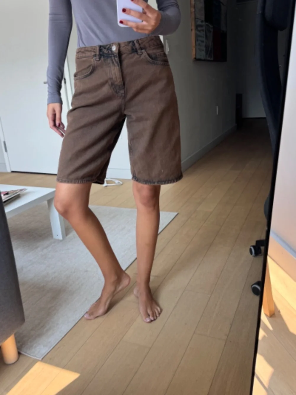 NA-KD Brown Denim Long Shorts Jorts Size EU 34 US 2 4 Baggy Wide Leg